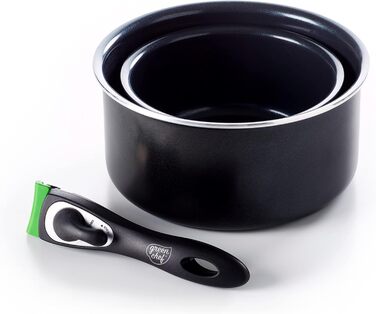 Набір каструль GreenChef ClickPan, 3 предмети, керамічне антипригарне покриття, PFAS-free, знімна ручка, для індукції, посудомийної машини, 16 см/1,6 л та 20 см/3,1 л, чорний, універсальний, компактний