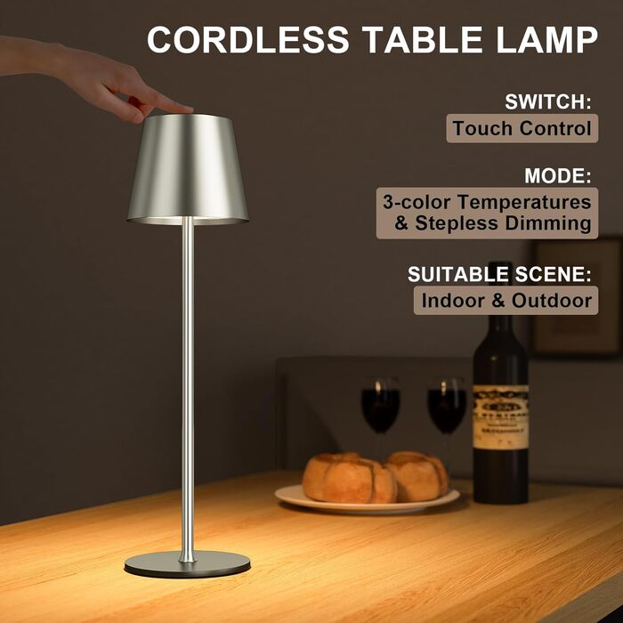 Акумуляторна LED настільна лампа бездротова з USB-C зарядкою, регульованою яскравістю та 3 режимами освітлення (сіра)