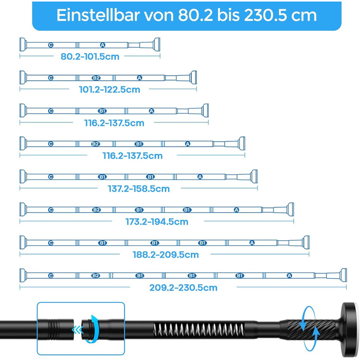 Штанга для штор без свердління AIZESI 100-230 см, Ø 25 мм, телескопічна - для вікон, душу, балкону (чорний)