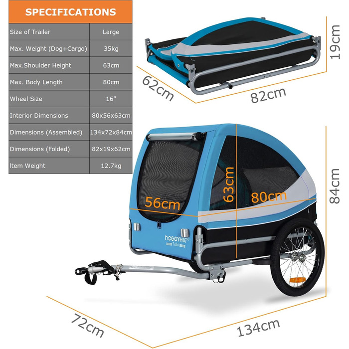 DOGGYHUT® Tobi - великий велопричіп для собак, 35 кг, блакитний