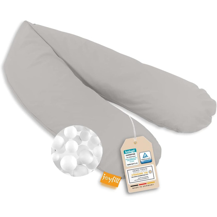 Подушка для вагітних та годування Joyfill Premium 170 см, мікроперлини, сіра, для сну та годування, тихий і комфортний наповнювач, зроблено в Німеччині