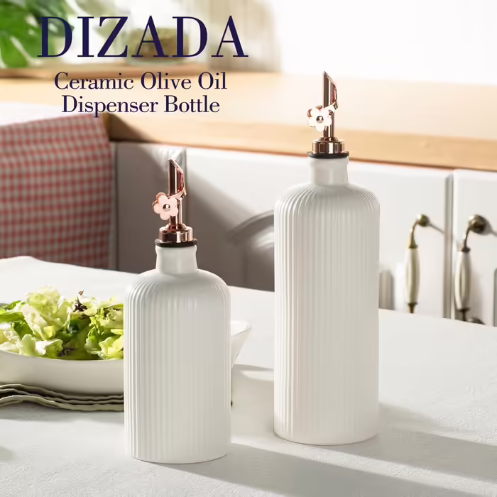 Dizada Oil Dispenser for Kitchen, Ceramic Olive Oil Dispenser Bottle, 624 ml + 400 ml, Large Capacity, Oil and Vinegar Dispenser Bottles with Stainless Steel Spout, Oil Container, 2-Piece Set