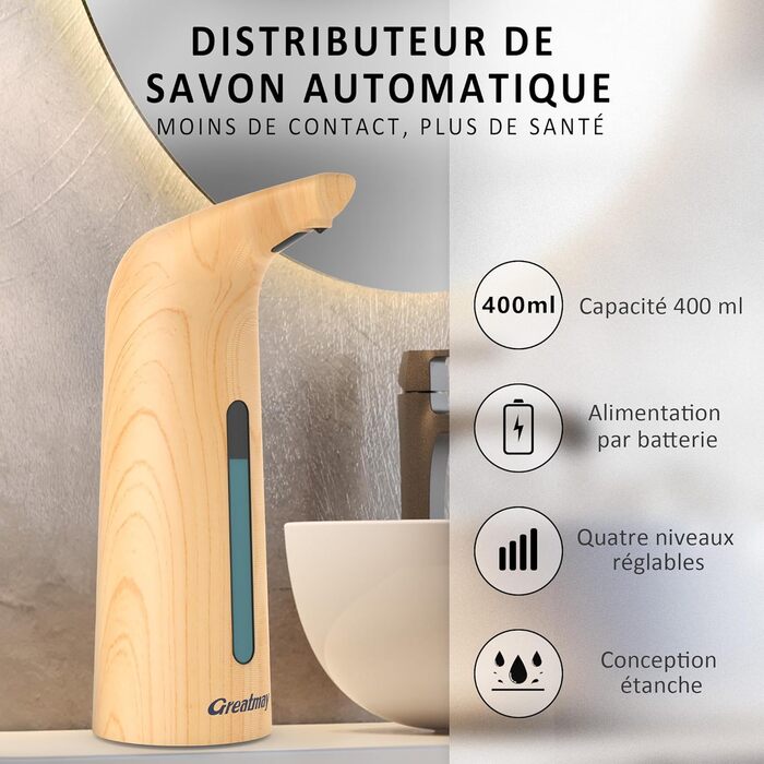Greatmay Automatic Soap Dispenser - Touchless, Battery-Powered, 300ml/400ml Capacity, Adjustable Settings, IPX6 Waterproof for Bathroom & Kitchen