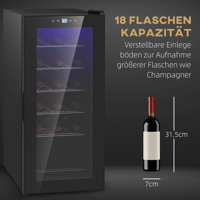 HOMCOM Wine Refrigerator, Compressor for 18 Bottles, 50 L Beverage Refrigerator with Glass Door, 5-18°, Bottle Refrigerator with Touch Switch | Aosom