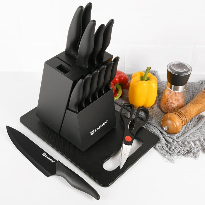 KATISUN 16-Piece Japanese Steel Knife Set with Block - Includes Sharpener, Cutting Board & Kitchen Shears - Dishwasher Safe