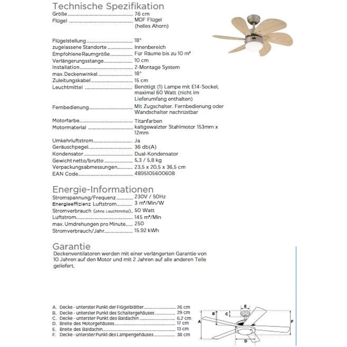 Стеляний вентилятор Westinghouse Turbo Swirl 76 см, з освітленням та 6 лопатями, колір титан, скло опалесціююче, модель 7815840