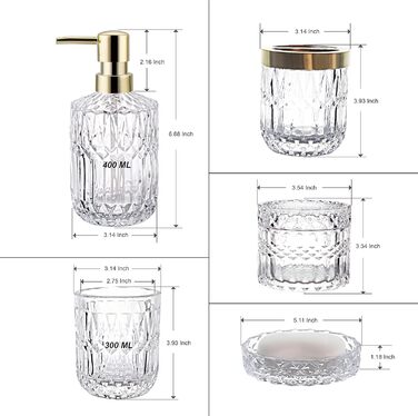 Orange Bathroom Accessories Set, 5-Piece, Clear Glass, Hand Soap Dispenser, Soap Dish, Toothbrush Holder Set, Cotton Swab Jars, Modern Bathroom Decor, Burnt Orange
