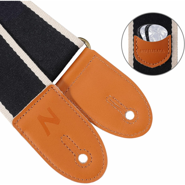 Гітарний ремінь з бавовни та шкіри з кишенькою для медіатора - для електрогітари (чорний)