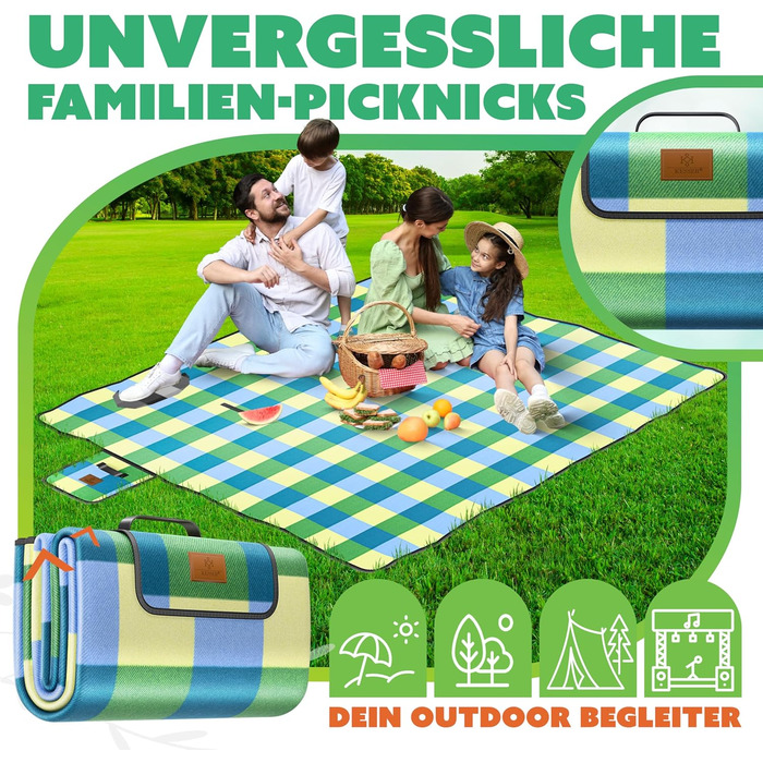 KESSER® Picnic Blanket Camping Blanket XXL 200 x 200 cm - Warm Insulated with Waterproof Bottom, Carrying Handle. Foldable Beach Blanket, Picnic Blankets for 4-6 People. Washable Picnic Blanket (Blue / Green)