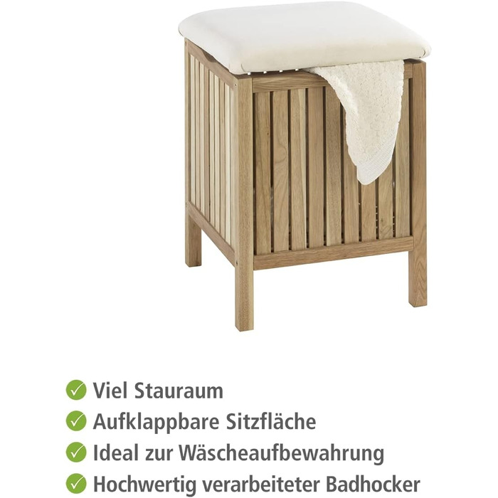 WENKO Badhocker Norway with Laundry Hamper, Storage Bench with Upholstered and Flip-Up Seat as Lid, Solid Walnut Wood, Oiled, Capacity 65 L, (W x H x D): 39 x 52 x 39 cm, Natural