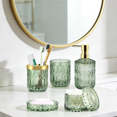 Набір аксесуарів для ванної кімнати скляний 5 предметів Lotionspender, мильниця, тримач для зубних щіток, стакан, декор (Зелений)