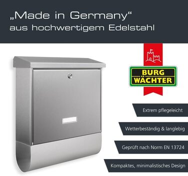 Поштова скринька Burg-Wächter з газетницею та табличкою для імені, нержавіюча сталь, формат DIN C4, 2 ключі, AMZ 2500 NI