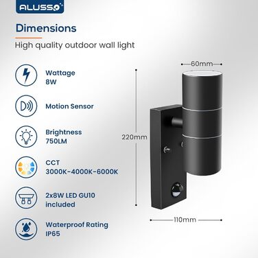 ALUSSO Вологостійкий вуличний сенсор руху з LED, 2 x 8W GU10, IP65, нержавіюча сталь, 3 колірні температури