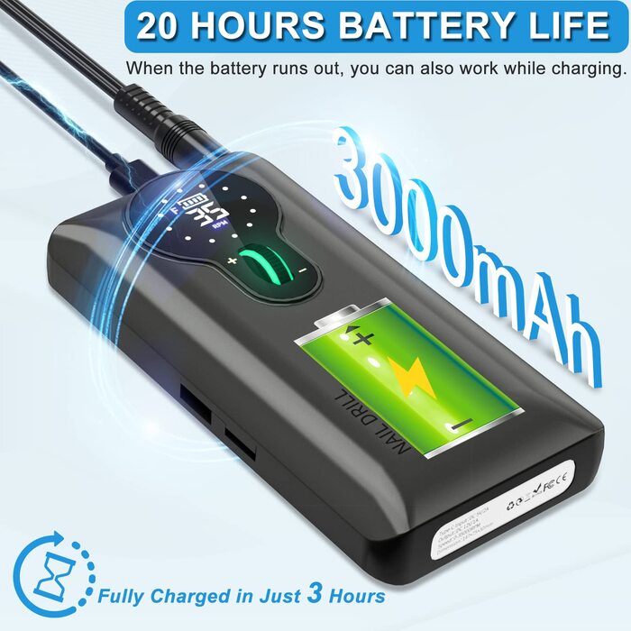 Професійний нігтефрезер ENGERWALL 35000 об/хв з акумулятором 20 годин, електрична машинка для манікюру з 7 насадками, бездротова, для акрилу та гелю, срібляста (Pro).