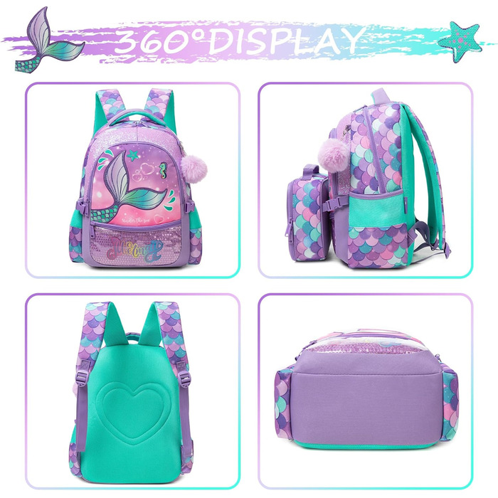 Шкільний рюкзак для дівчинки HTgroce 3 клас. Рюкзак для школи з принтом русалки, колір ліла