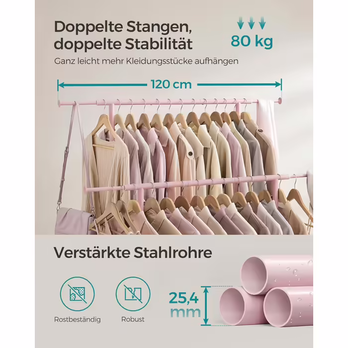 SONGMICS Clothes Rack with 2 Clothes Rods, Extendable Wardrobe Rail, with Wheels, Coat Rack, Height Adjustable between 113 and 180 cm, Lower Rod Adjustable, LLR401R01 (Pastel Pink, 120D x 50W x 156H cm)