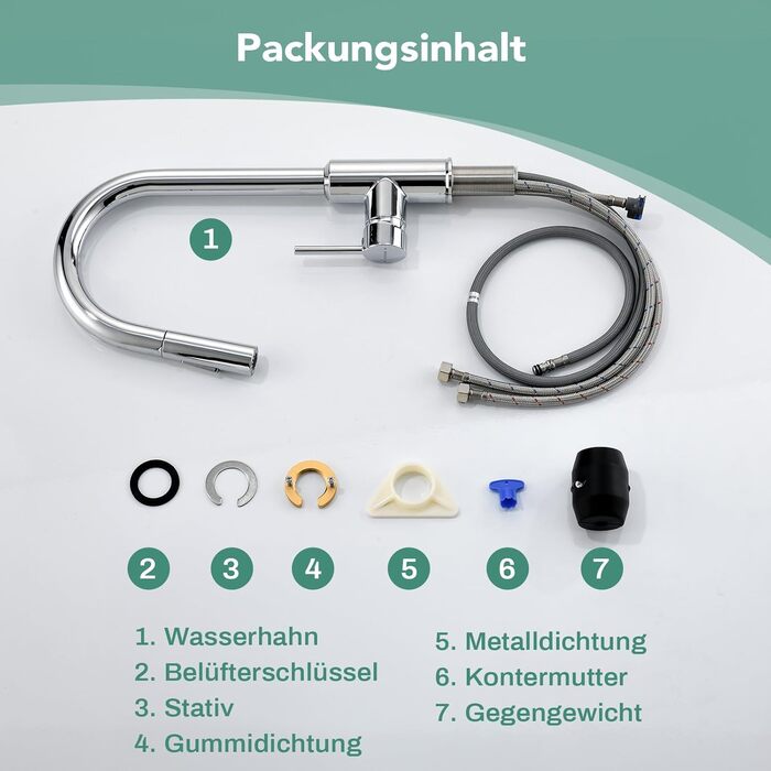 Змішувач кухонний з висувною лійкою та душем, 360° поворот, 2 режими, нержавіюча сталь (хром)