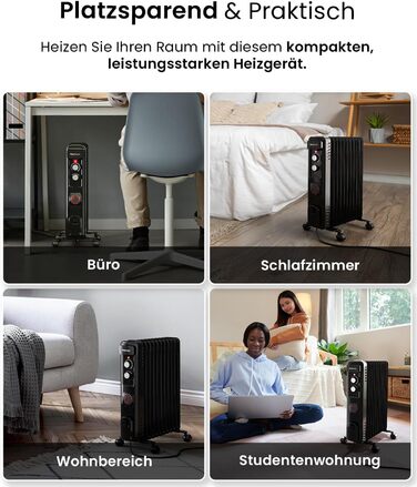 Pro Breeze 2500W Mini Oil Radiator with 11 Fins, Electric Heater, 24h Timer, Energy-Saving Oil Radiator, 3 Heating Levels, Adjustable Thermostat & Safety Shut-off Function - Black
