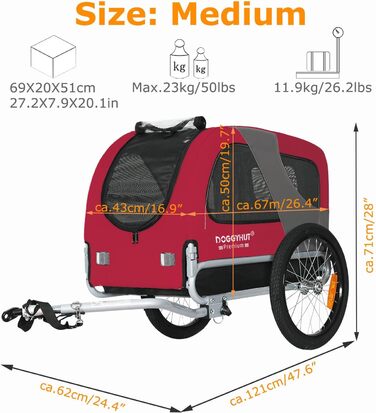 DOGGYHUT® Преміум велосипедний причіп для собак середнього розміру до 23 кг, складний (червоний)