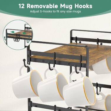 EsLuker.ly 2-Tier Mug Holders and Cup Stands, Mug Shelf for Coffee Cups, Coffee Organizer for Countertop, Coffee Station Organizer with Mug Holder, Vintage Brown-Black (15''H, Vintage Brown + Black)