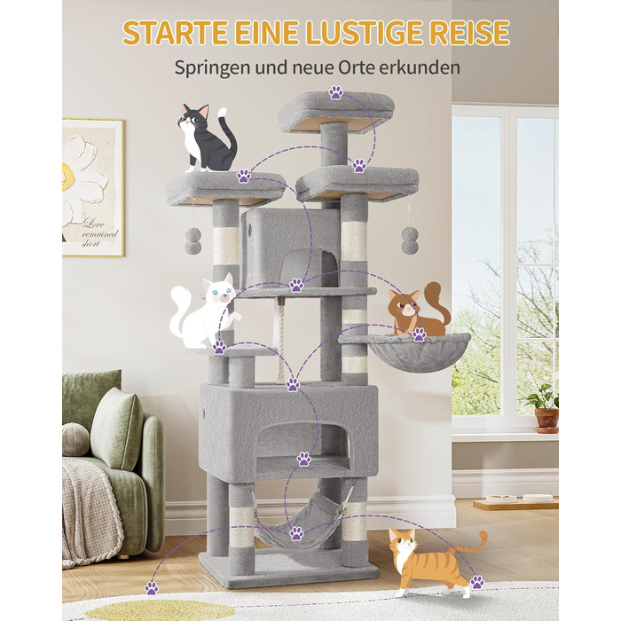 Кігтеточка для котів Hzuaneri, 176 см, XL, 3 платформи, 2 печери, 7 стовпчиків, гамак, плюшеві кульки, для багатокотових домівок, MS17618SG (Світло-сірий)