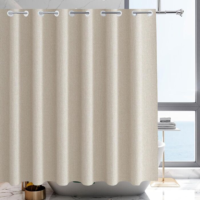 Штора для душу YISURE 200x220 см, бежева, льон, без гачків, водонепроникна, текстильна