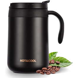 Термокружка з нержавіючої сталі 500 мл з кришкою та ручкою, подвійні стінки, вакуумна ізоляція, для подорожей та кемпінгу (Чорний)