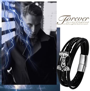 Чоловічий браслет Flongo з плетеного шкіряного шнура, стилізований під молот Тора (Муліньер), регульований, з пряжкою, амулет, подарунок для чоловіків