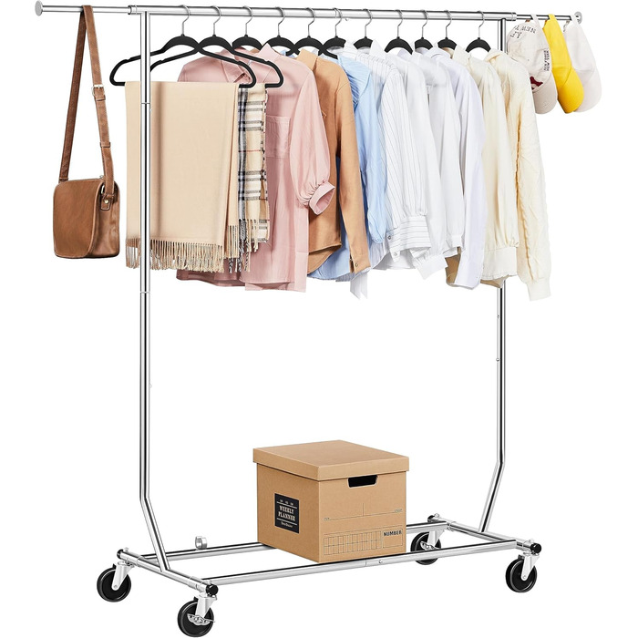 Yaheetech Clothes Rack Rolling Garment Rack Extendable Clothes Rail Height-Adjustable Clothes Hanger with Foldable Base, Load Capacity up to 90 KG
