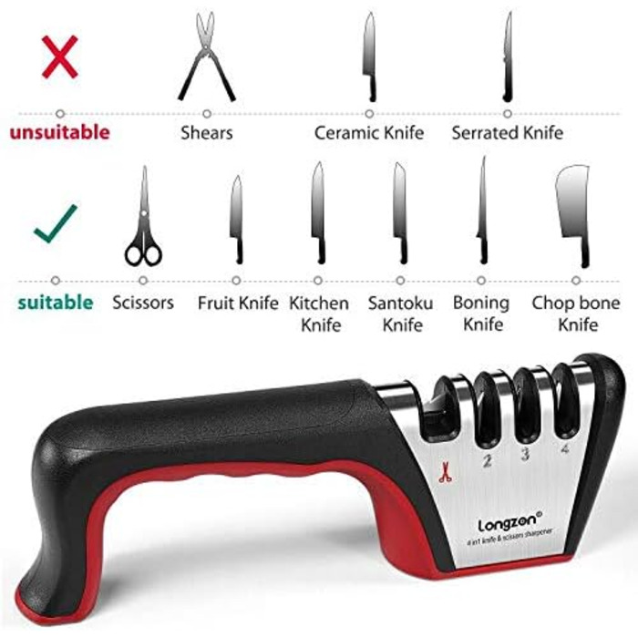 Точилка для ножів Longzon 4-в-1, професійна, з захисними рукавичками, для ножів та ножиць різних розмірів, червона
