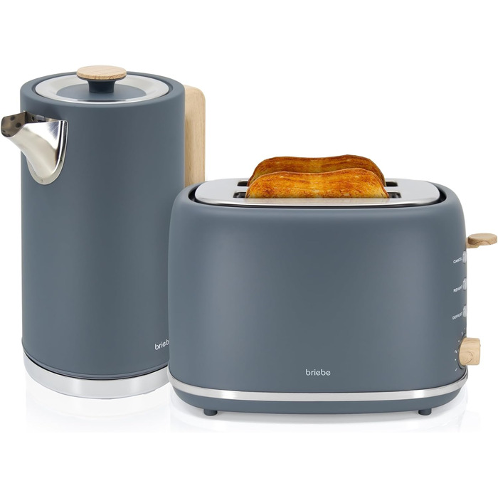 Тостер Briebe Nordic Set з водоваркою 1.7л, 2 відділення, 6 режимів підсмажування, сірий, BPA-free