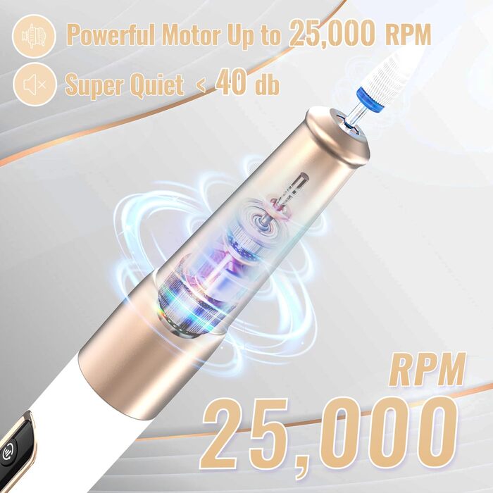 Електричний фрезер для нігтів Denabuty DN-2502Z (Golden) - 12 в 1, 25000 об/хв, USB, 5 швидкостей, манікюр/педикюр
