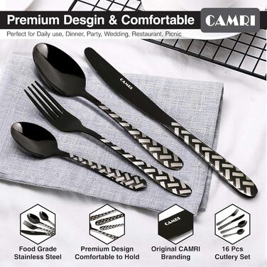 CAMRI Набір столових приборів – 16 предметів з нержавіючої сталі. Набір столових приборів, ножі, виделки, ложки. Комплект на 4 особи, придатний для миття в посудомийній машині. Кріз-чорний візерунок.