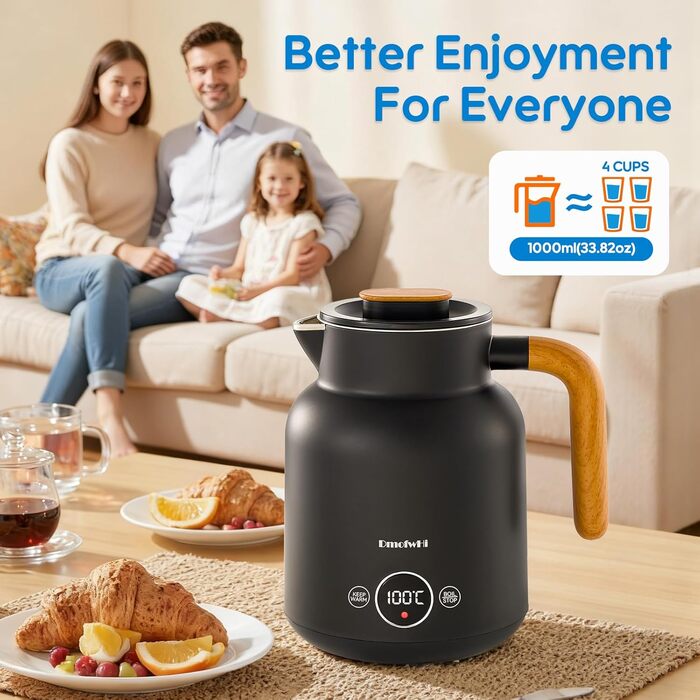 Електричний чайник з регулюванням температури DmofwHi, 1.0л, 1000W, з LED-індикатором, подвійні стінки, без BPA, автоматичне вимкнення та захист від сухого кип'яття (чорний)