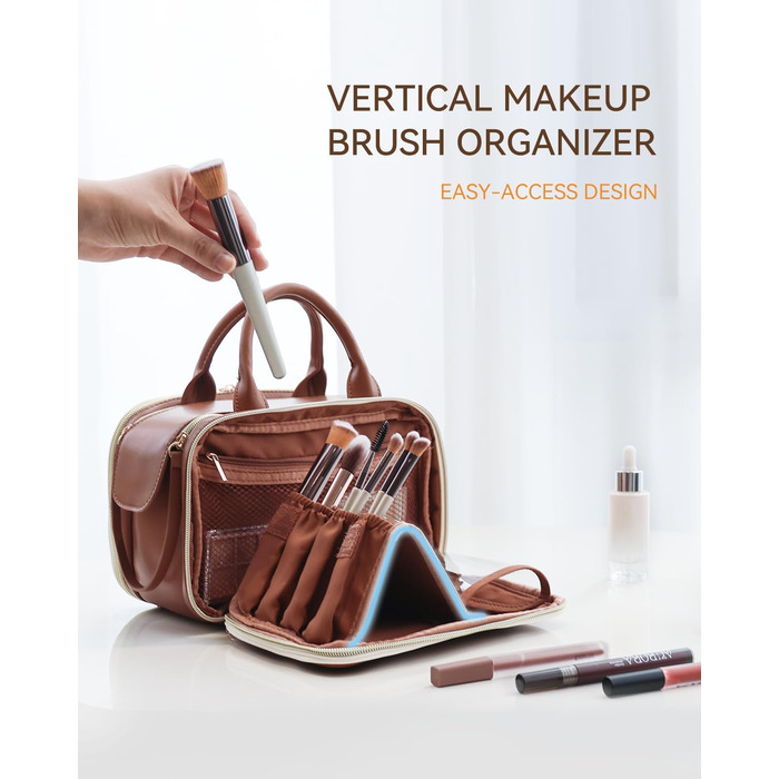 Косметичка-органайзер велика містка з водонепроникним покриттям та ручкою, з декількома відділеннями (колір: кавовий)