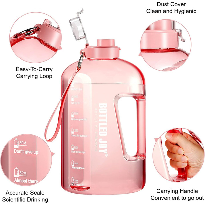 Sport Water Bottle, 1 Gallon/ 3.5L Water Bottle with Time Markers, Leak-Proof, Reusable & BPA-Free Water Bottle with Handle Cleaning Brush for Gym, Office (Pink, 3785 ml)