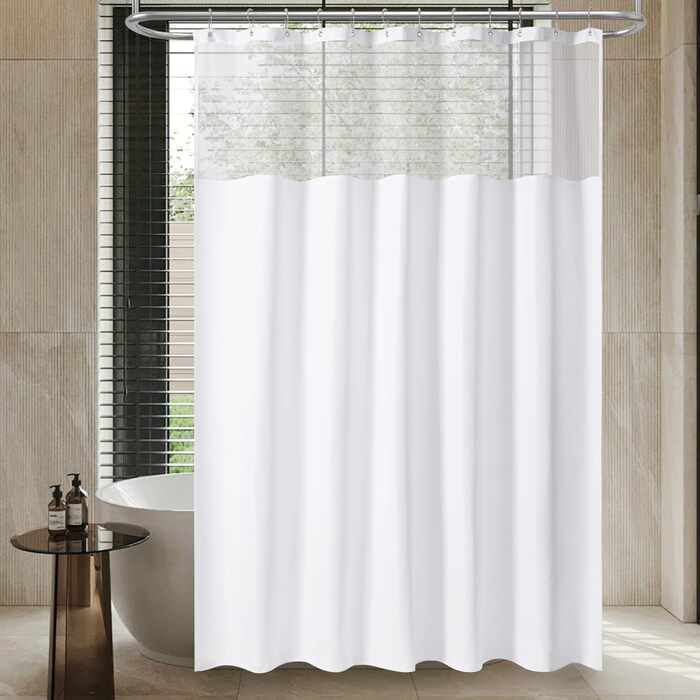 Водонепроникна штора для душу з льоном та вікном (183x183 см), біла - 12 гачків з нержавіючої сталі, утяжелений край, тканинна штора для ванни, машинне прання