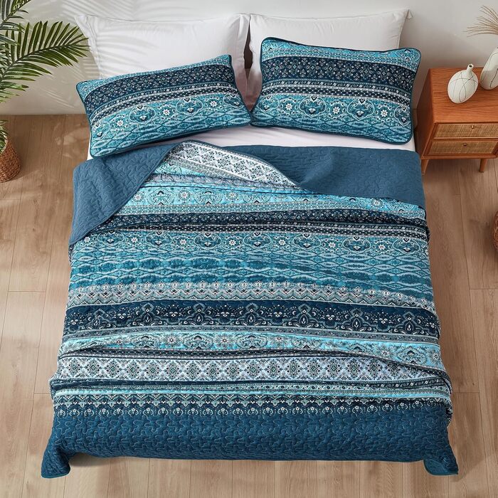 WONGS BEDDING Bedspread 220x240 Bed Cover Bohemian Quilt Steppdecke 3-Piece Double Bed Quilted Bedspread Microfiber Throw Blanket with 2 Pillowcases 50x70 for Bedroom as Sofa Cover (Bohemian) (200x220 cm, Dark Blue)