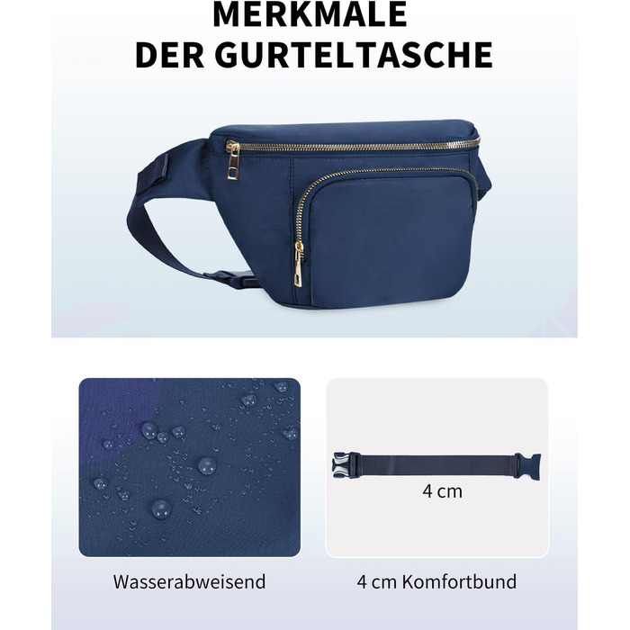 Чоловіча та жіноча бананка на пояс, стильна сумка-бананка з 4 кишенями на блискавці та регульованим ремінцем, ідеальна для подорожей та піших прогулянок (Запатентовано), колір: темно-синій