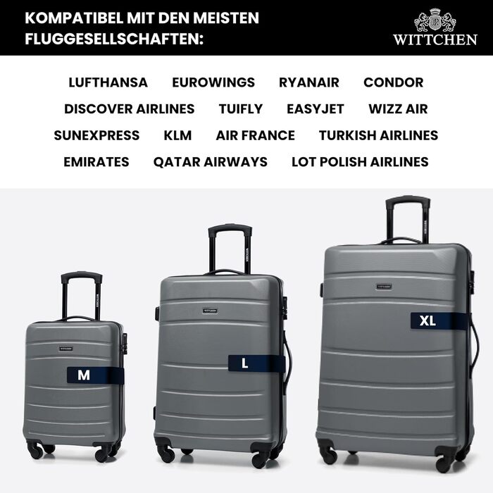 Валіза на колесах WITTCHEN Globe Line S з ABS-пластику, 4 колеса, кодовий замок, телескопічна ручка. Підходить для ручної поклажі Lufthansa, Eurowings, Ryanair, Condor, Discover Airlines. Колір: сірий.