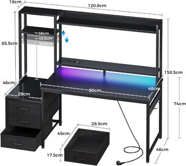 Ігровий стіл Coleshome з полицею та шухлядами, 137×48 см. Стіл для геймінгу з LED-підсвічуванням та розеткою, комп'ютерний стіл з місцями для зберігання та підставкою для монітора (Carbon Fiber Black, 120×48 см)