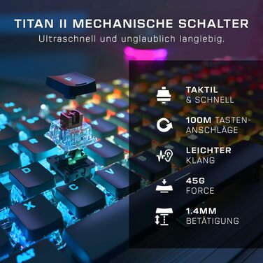 Turtle Beach Vulcan II – Механічна ігрова клавіатура для ПК, перемикачі Tactile Titan II, підсвічування клавіш, знімна підставка для зап'ястя, DE розкладка