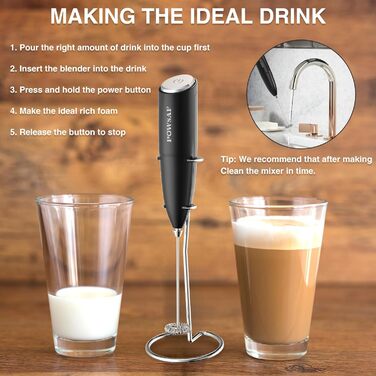 Електричний піноутворювач для молока POWSAF з підставкою, 13000 об/хв, для кави, лате, капучино, чорний/срібний
