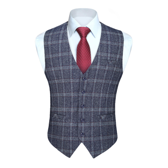 Чоловіча жилетка HISDERN в клітинку, формальна, класична, бавовна, для весілля, в клітку 'Галстук', під костюм, синього кольору