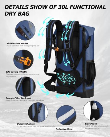 IDRYBAG Водонепроникний рюкзак 30 л з ПВХ для чоловіків, плаваюча сумка для каякінгу, каное, човна, кемпінгу, туризму