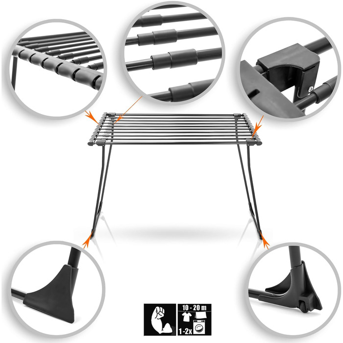 BigDean Telescopic Bed Sheet Drying Rack Black with Wheels - Without Obstructive Crossbar - Black Edition 20m Extendable - Winged Clothes Dryer Clothes Dryer