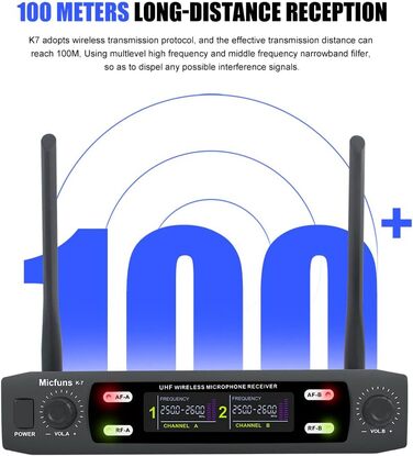Мікрофонний комплект Micfuns K7 Professional: бездротові ручні мікрофони VHF 230-250 МГц для караоке, вечірок та мовлення. Дальність дії: 100 м