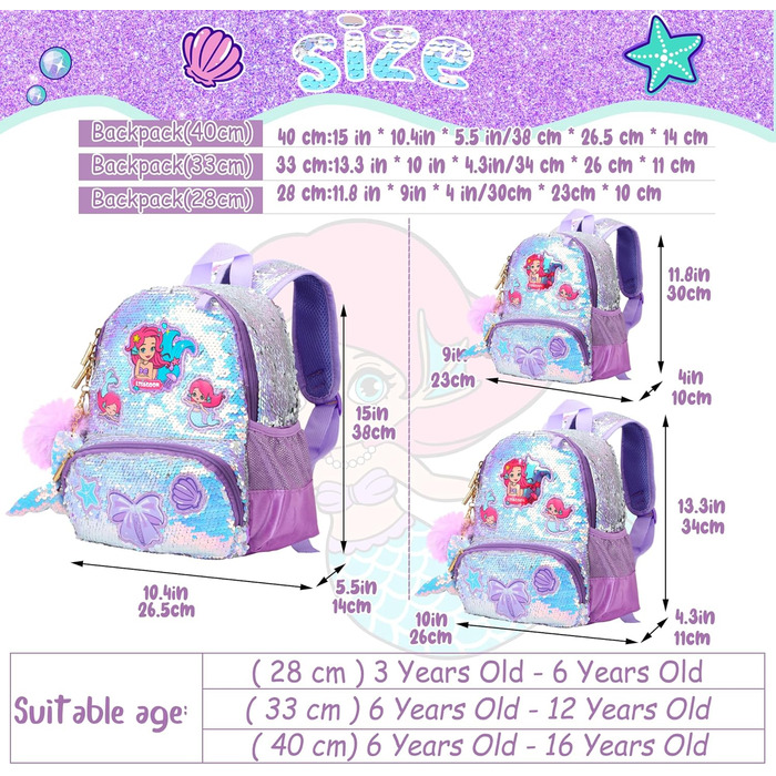 Дитячий рюкзак Єдиноріг для дівчаток з паєтками, персоналізований рюкзак Каваї для школи та садочка, подарунок на день народження або Різдво (Морська хвиля, 40 см)