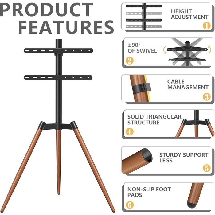 RFIVER Adjustable TV Stand with Swivel - Fits 32-65 Inch TVs, VESA 400x400, 35kg Weight Capacity (Red-Brown)