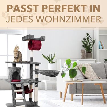 Кігтеточка для котів Foxdevil від xonic® - стабільна, багатофункціональна з платформою, гамаком, будиночком, іграшкою та сходами (141 см, сірий/червоний)